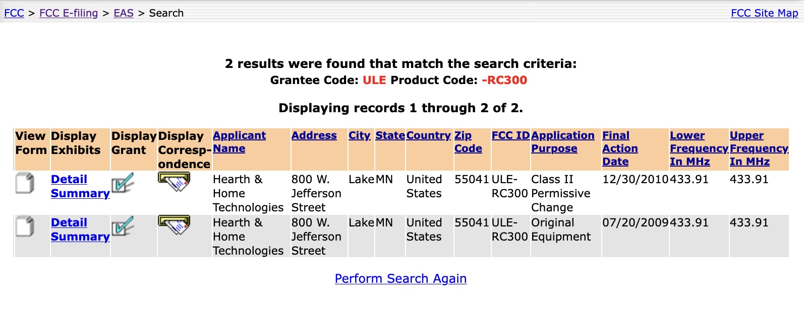 FCC page for ULE-RC300